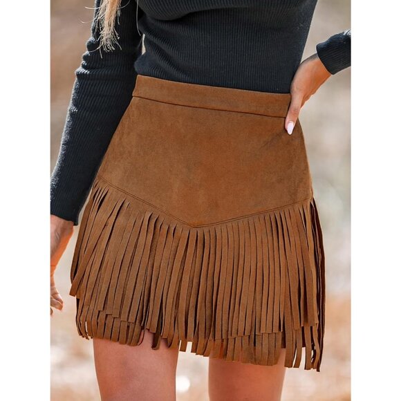 Women Fringe Skirt Western Cowgirl Terra High Waist Mini Skirt Orange Brown - Picture 3 of 7
